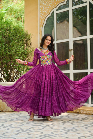 Wine Traditional Laheriya Print Faux Georgette Gown with Kutchi Patchwork – 12 Meter Flair ClothsVilla