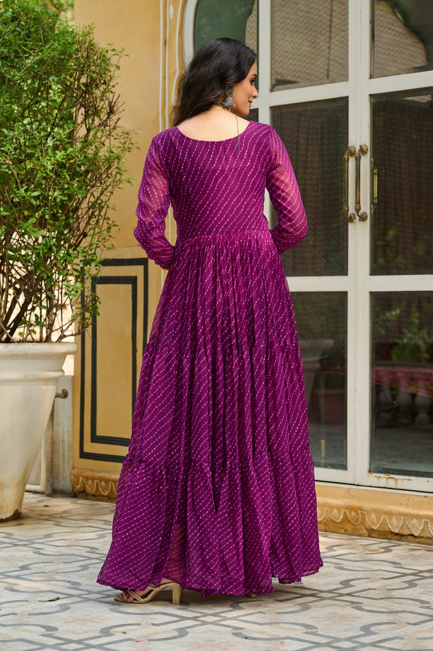 Wine Traditional Laheriya Print Faux Georgette Gown with Kutchi Patchwork – 12 Meter Flair ClothsVilla