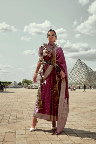 Wine Traditional Woven Satin Silk Blend Saree with Blouse Piece – Festive & Partywear ClothsVilla