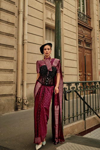 Wine Traditional Woven Satin Silk Blend Saree with Blouse Piece – Festive & Partywear ClothsVilla