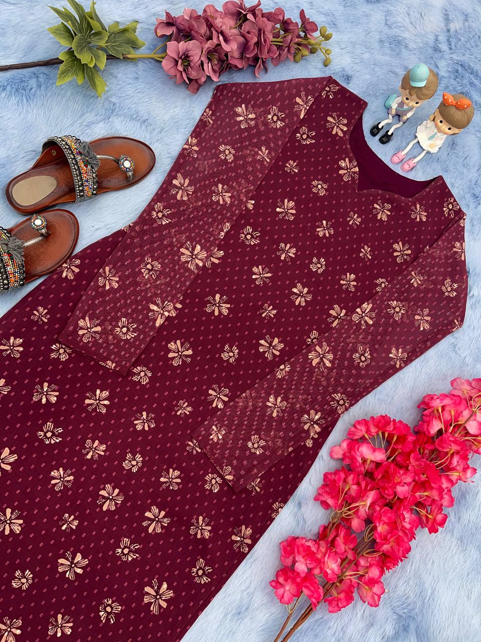 Wine Trendy Printed Straight Kurti - Heavy Soft Faux Georgette Clothsvilla