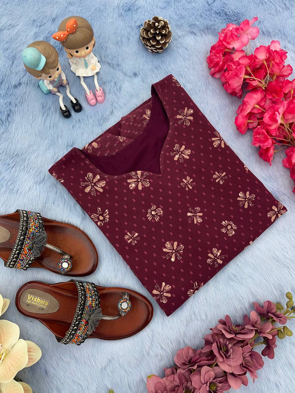 Wine Trendy Printed Straight Kurti - Heavy Soft Faux Georgette Clothsvilla