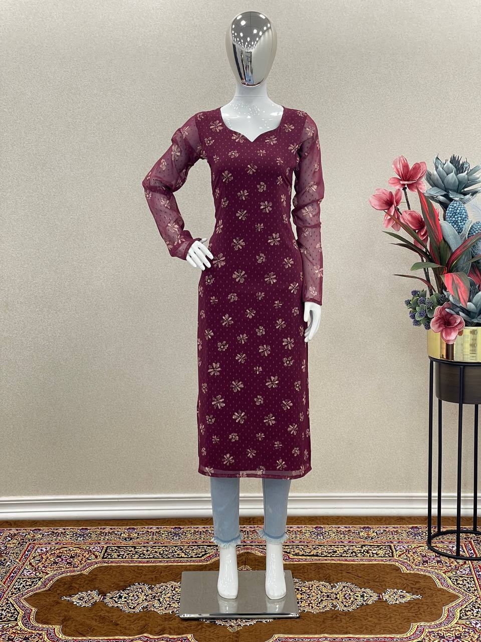 Wine Trendy Printed Straight Kurti - Heavy Soft Faux Georgette Clothsvilla Main image