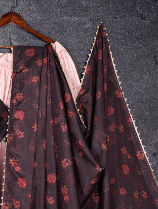 Wine Tussar Silk Floral Lehenga Choli Set ClothsVilla
