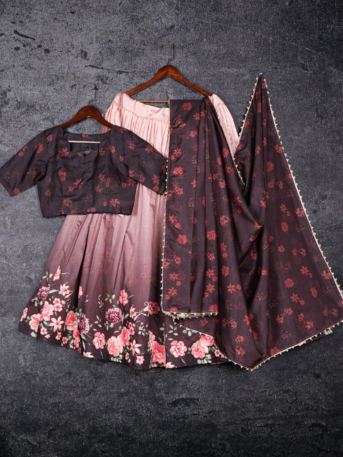 Wine Tussar Silk Floral Lehenga Choli Set ClothsVilla