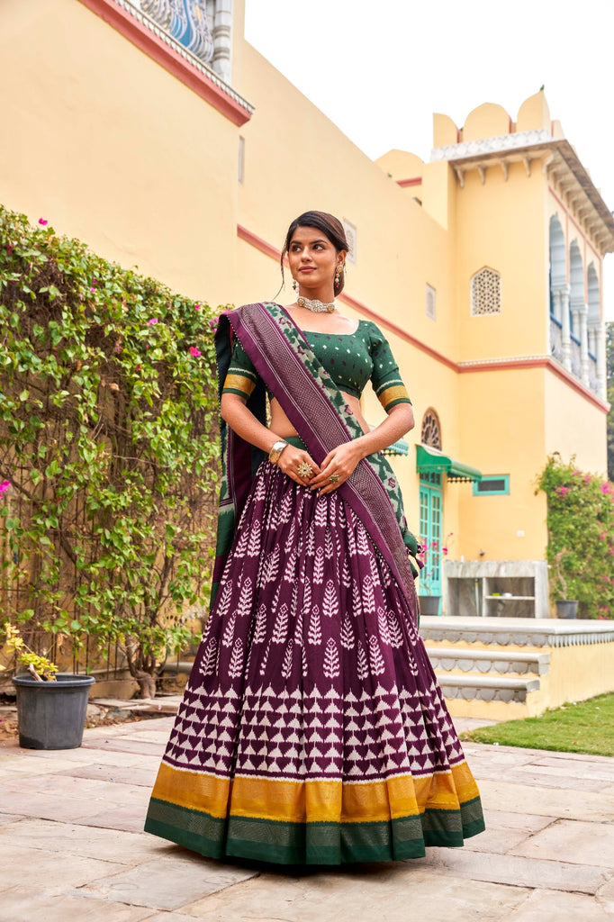 Wine Tussar Silk Lehenga Choli with Printed Foil Work ClothsVilla