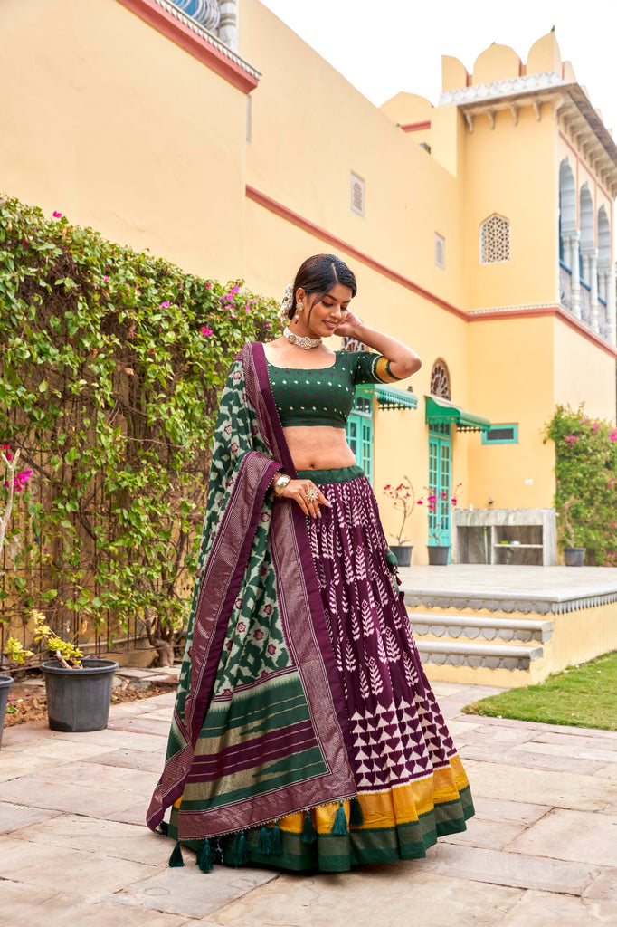 Wine Tussar Silk Lehenga Choli with Printed Foil Work ClothsVilla