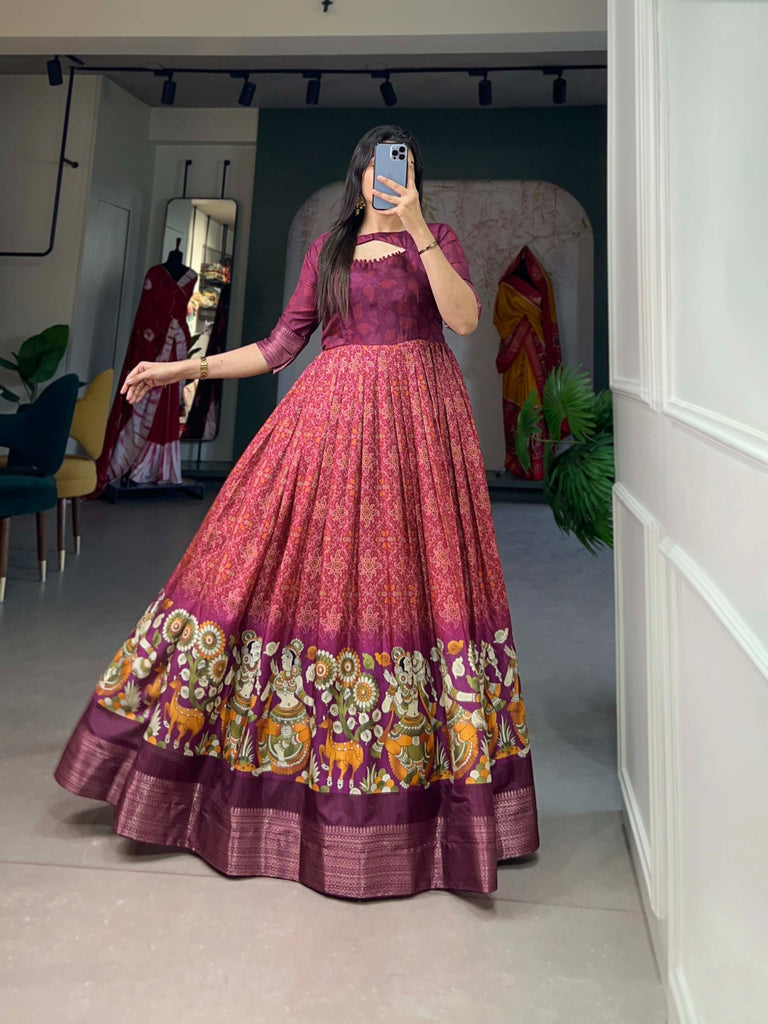 Wine Tussar Silk Printed Gown with Woven Border ClothsVilla