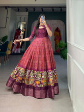 Load image into Gallery viewer, Wine Tussar Silk Printed Gown with Woven Border ClothsVilla