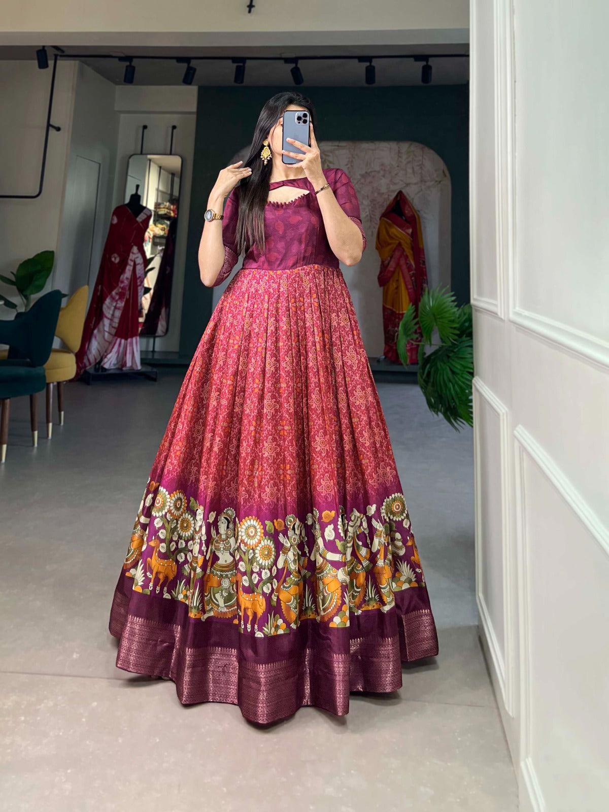 Wine Tussar Silk Printed Gown with Woven Border ClothsVilla