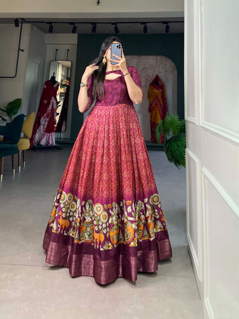 Wine Tussar Silk Printed Gown with Woven Border ClothsVilla Main image