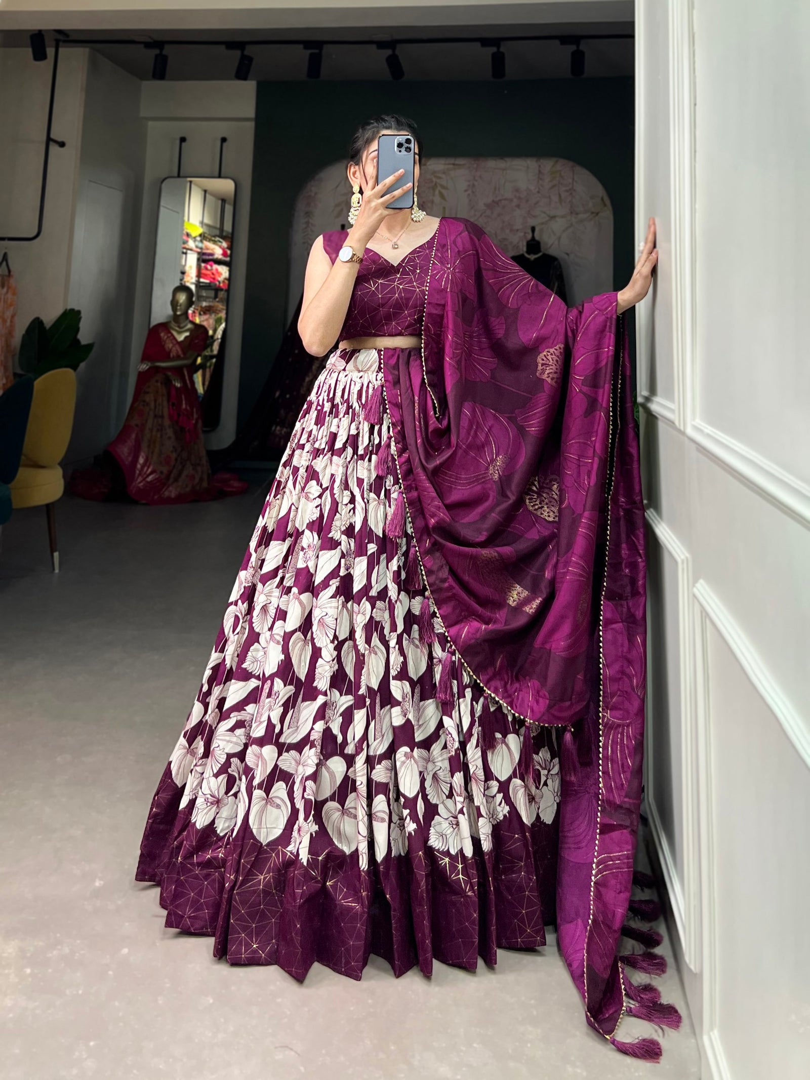 Wine Tussar Silk Printed Lehenga Choli with Foil Work ClothsVilla