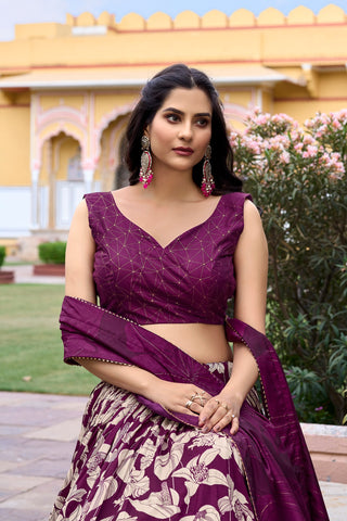 Wine Tussar Silk Printed Lehenga Choli with Foil Work ClothsVilla