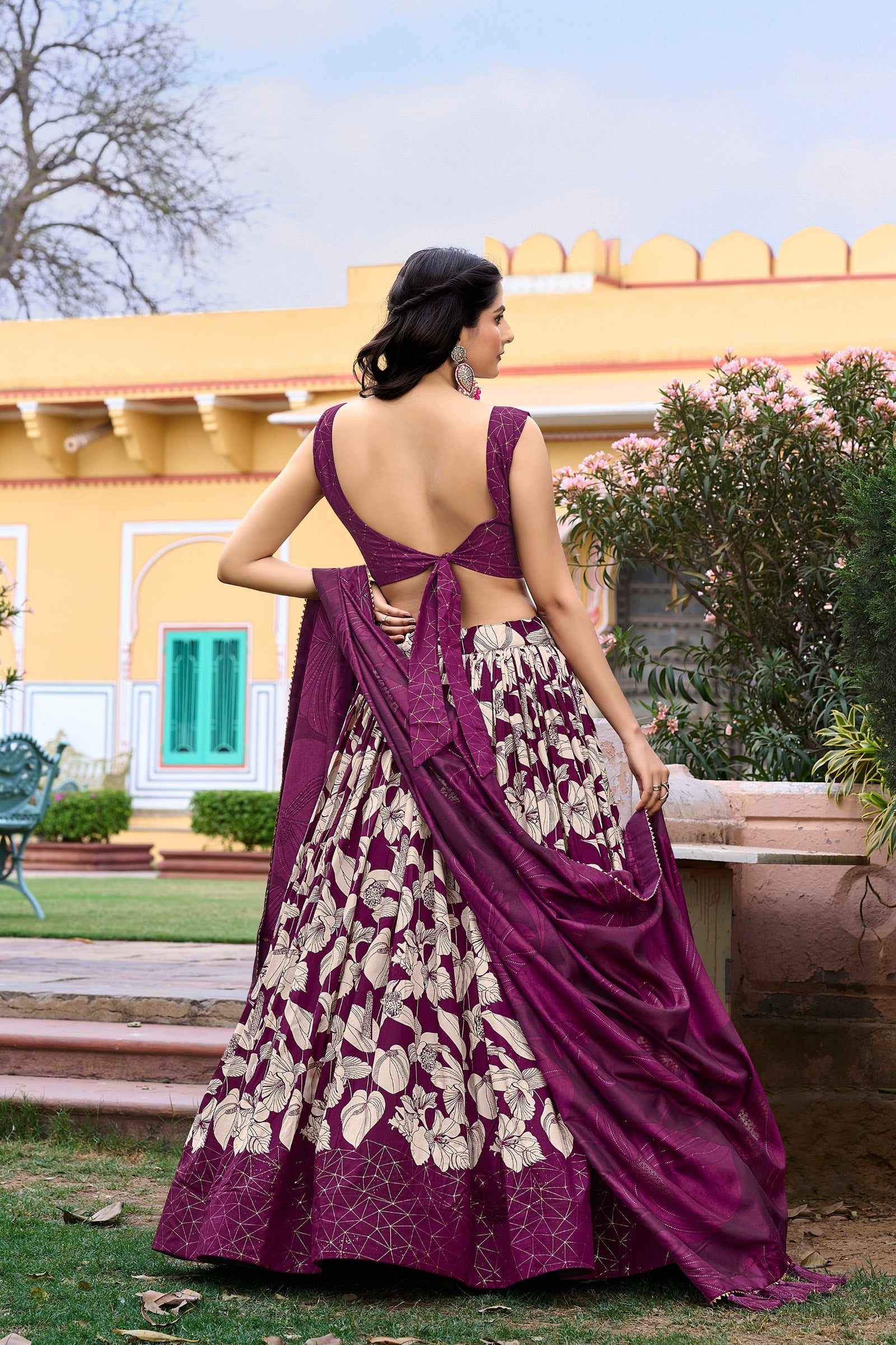 Wine Tussar Silk Printed Lehenga Choli with Foil Work ClothsVilla