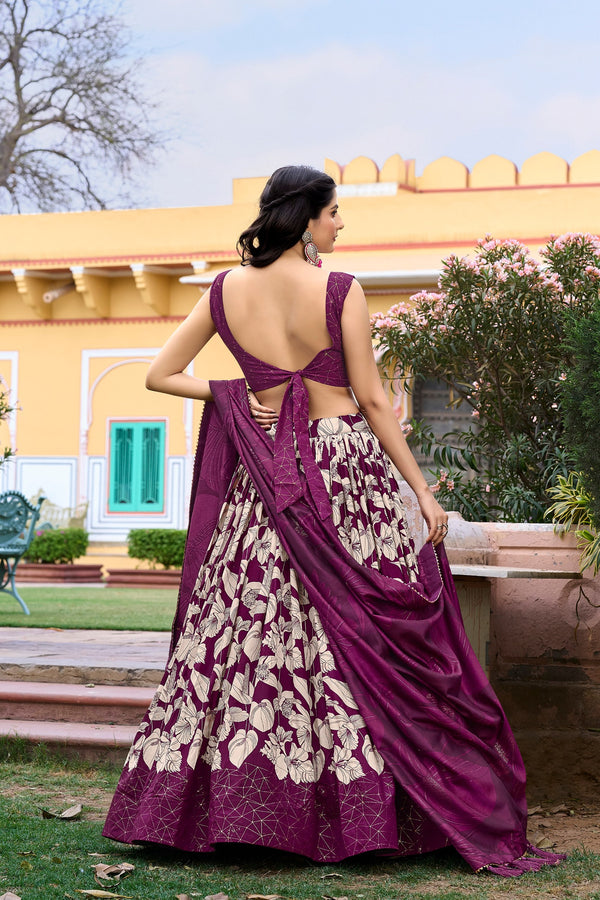 Wine Tussar Silk Printed Lehenga Choli with Foil Work ClothsVilla