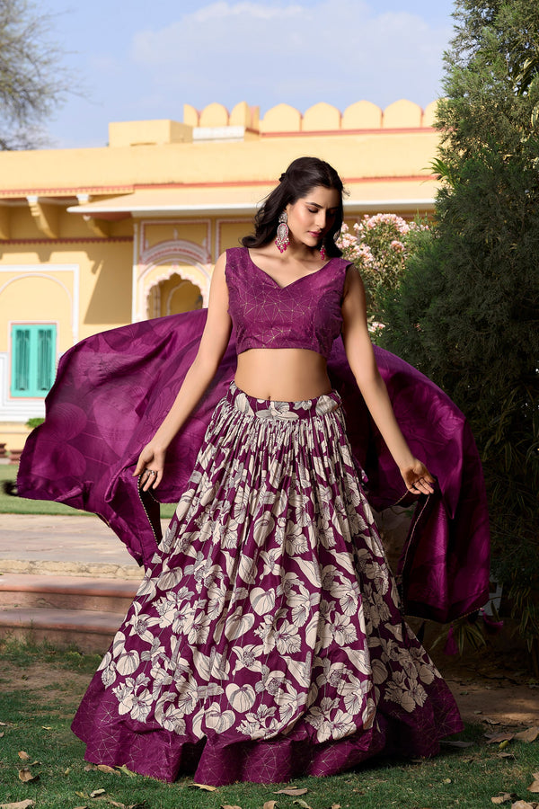 Wine Tussar Silk Printed Lehenga Choli with Foil Work ClothsVilla