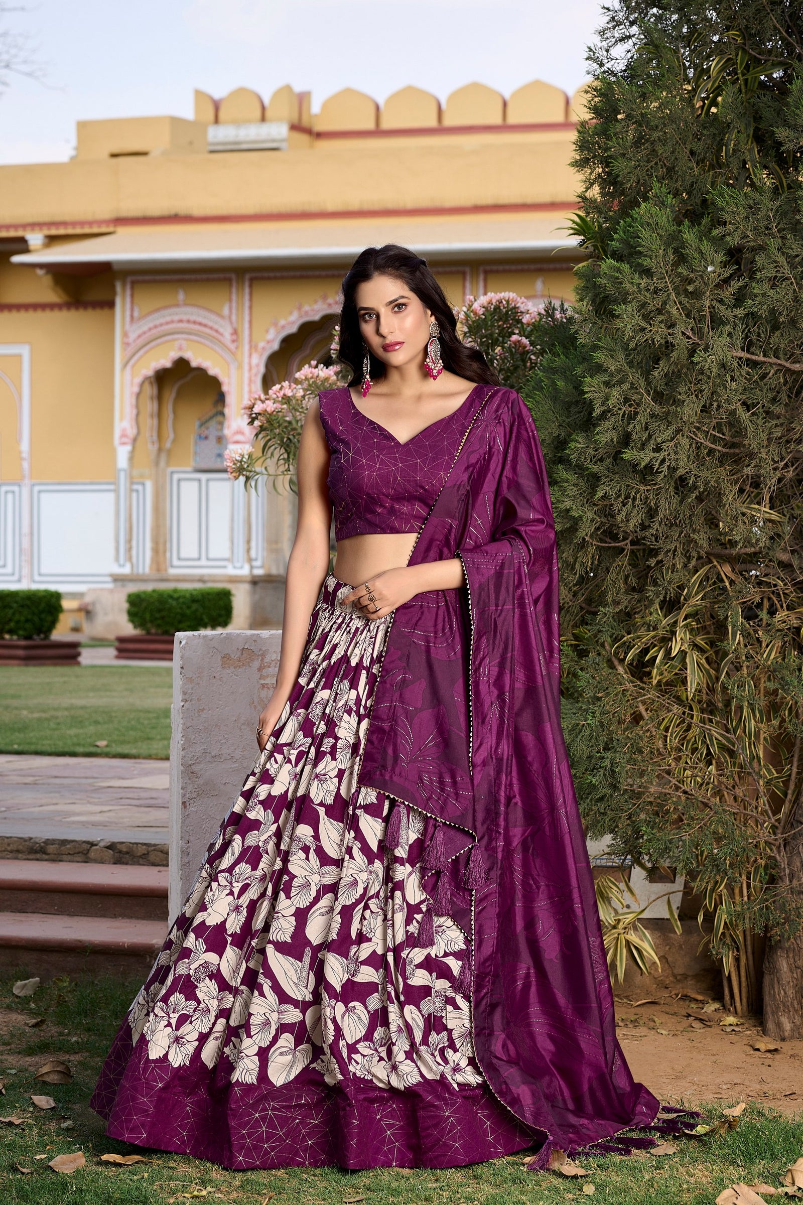 Wine Tussar Silk Printed Lehenga Choli with Foil Work ClothsVilla