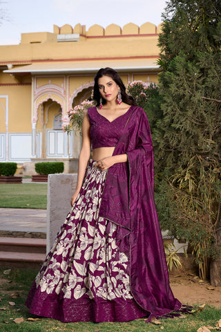 Wine Tussar Silk Printed Lehenga Choli with Foil Work ClothsVilla