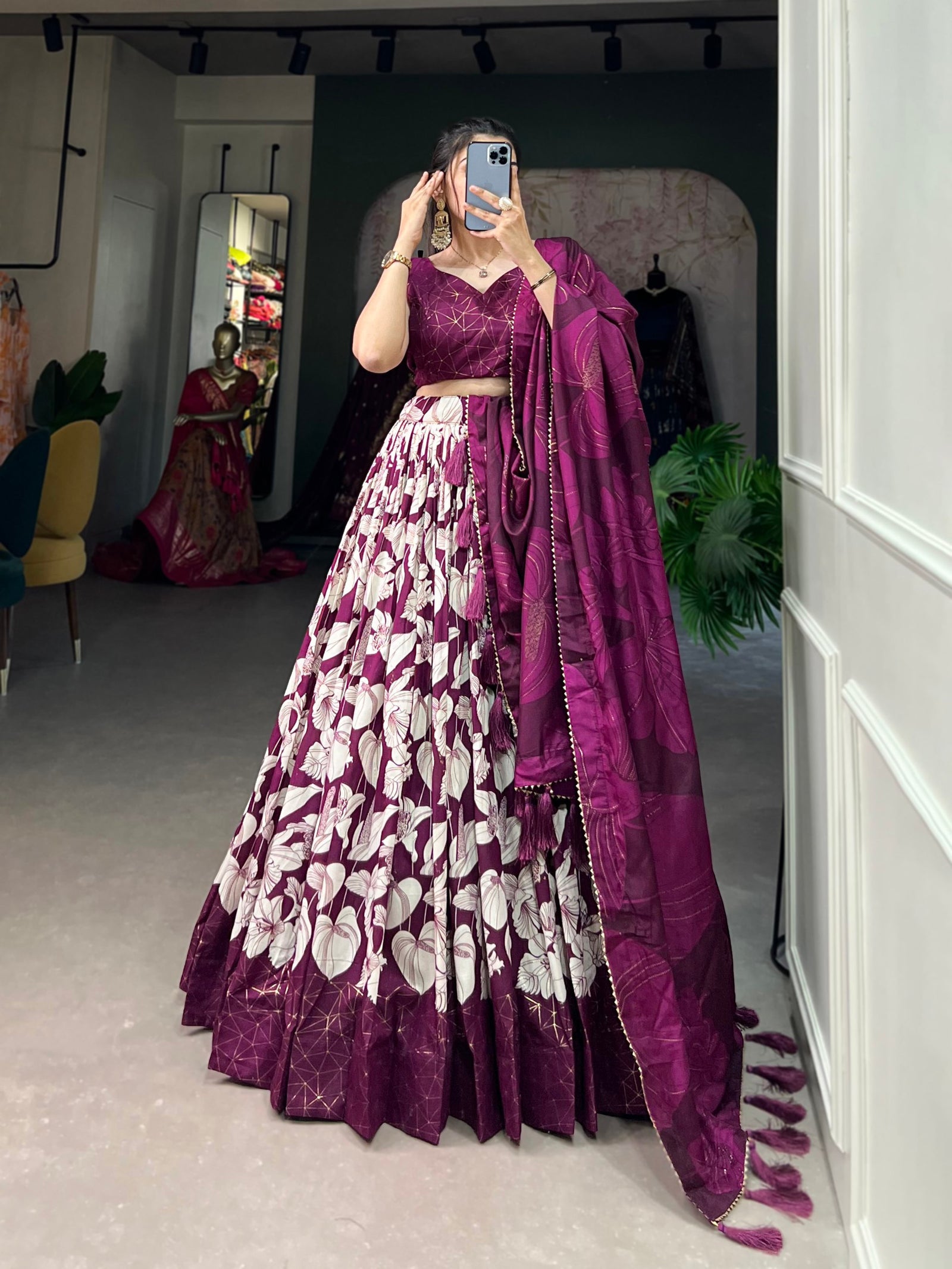 Wine Tussar Silk Printed Lehenga Choli with Foil Work ClothsVilla
