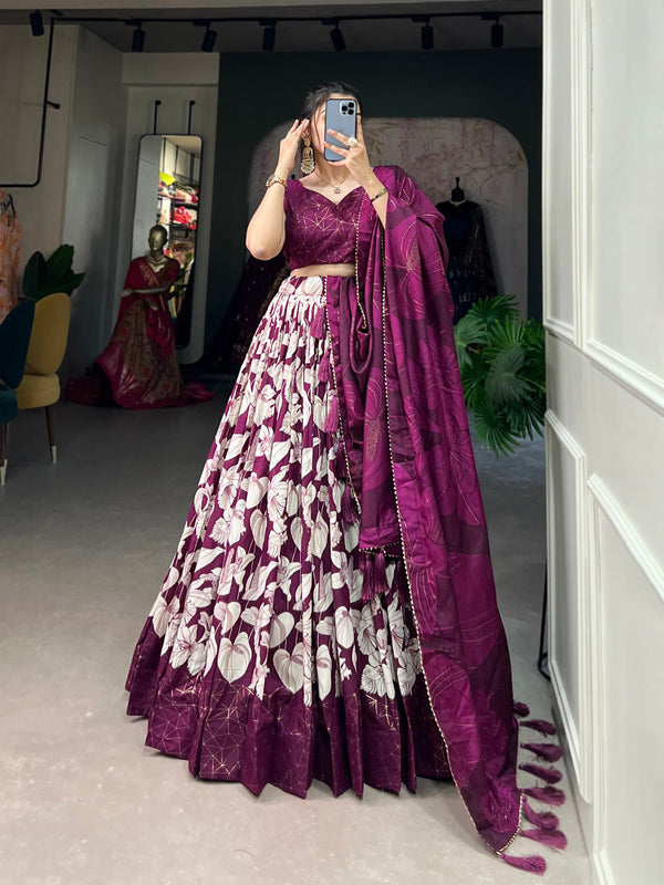 Wine Tussar Silk Printed Lehenga Choli with Foil Work ClothsVilla
