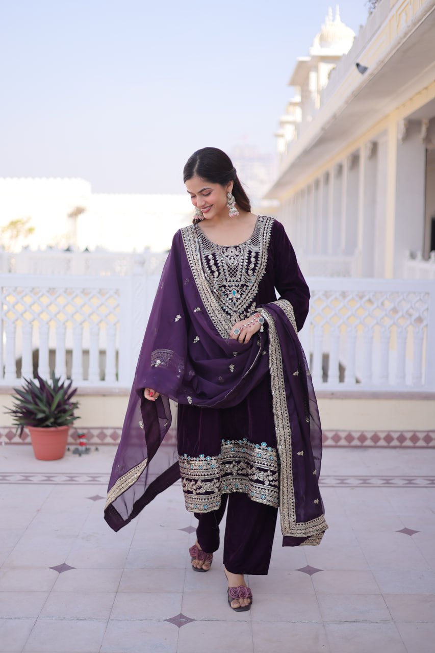 Wine Velvet Embroidered Top Pant Set ClothsVilla