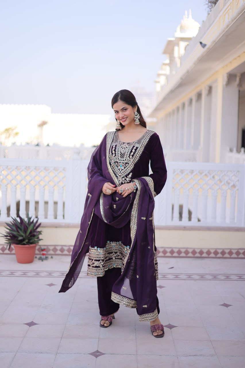 Wine Velvet Embroidered Top Pant Set ClothsVilla