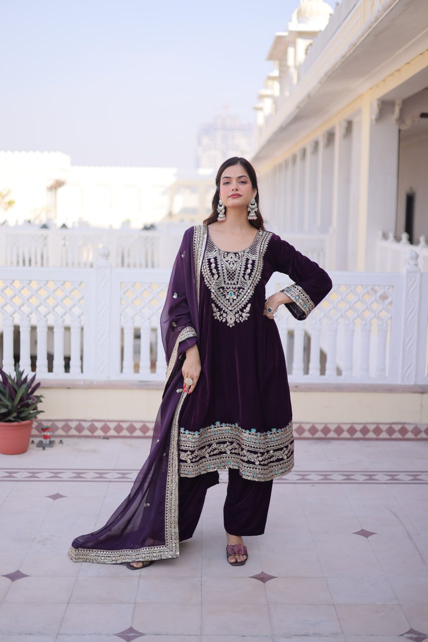 Wine Velvet Embroidered Top Pant Set ClothsVilla