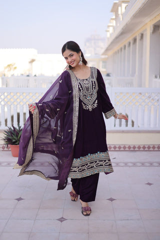 Wine Velvet Embroidered Top Pant Set ClothsVilla