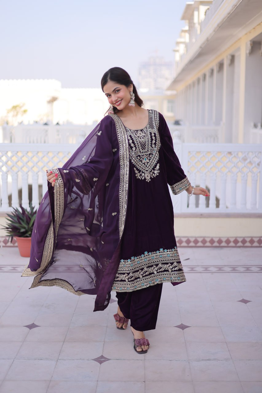 Wine Velvet Embroidered Top Pant Set ClothsVilla