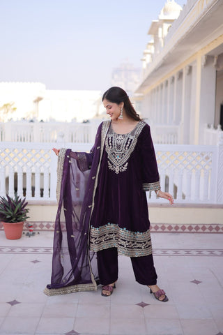 Wine Velvet Embroidered Top Pant Set ClothsVilla