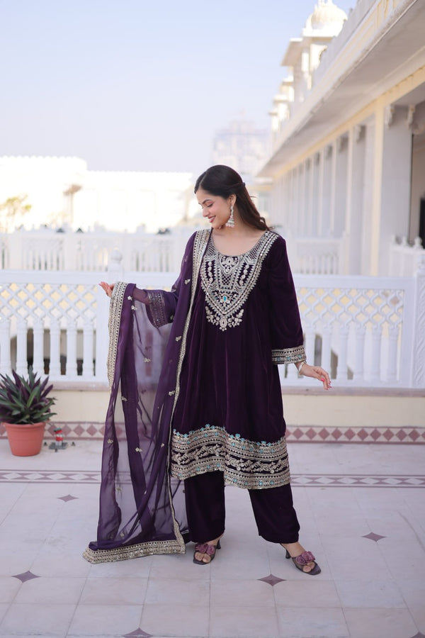 Wine Velvet Embroidered Top Pant Set ClothsVilla