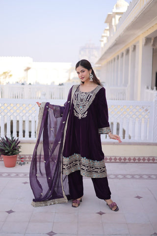 Wine Velvet Embroidered Top Pant Set ClothsVilla