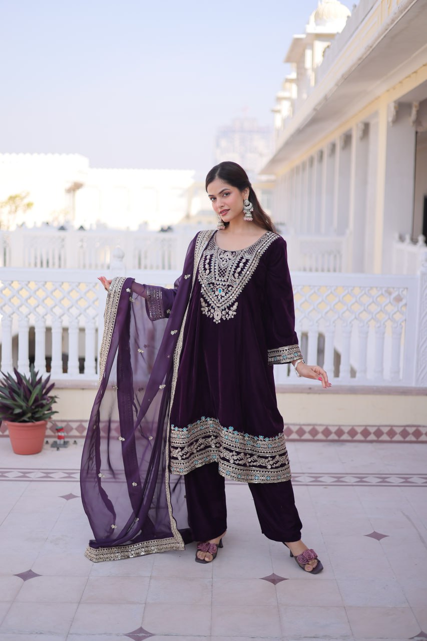 Wine Velvet Embroidered Top Pant Set ClothsVilla