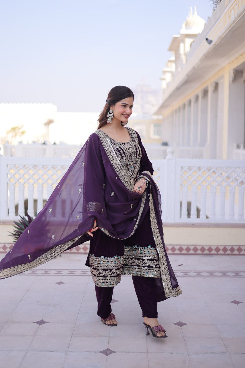 Wine Velvet Embroidered Top Pant Set ClothsVilla