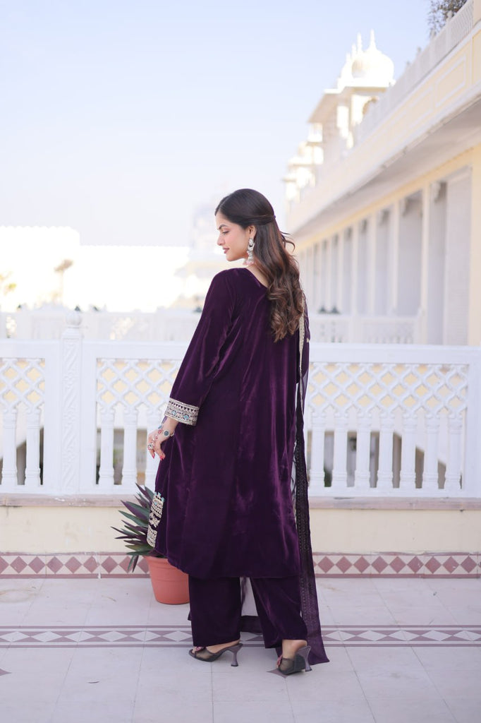 Wine Velvet Embroidered Top Pant Set ClothsVilla