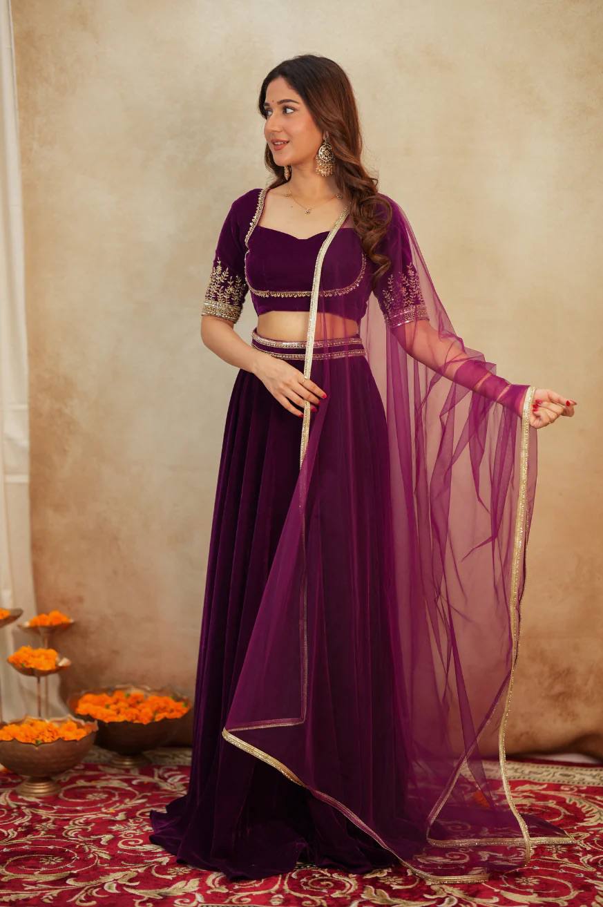 Wine Velvet Lehenga Choli Set