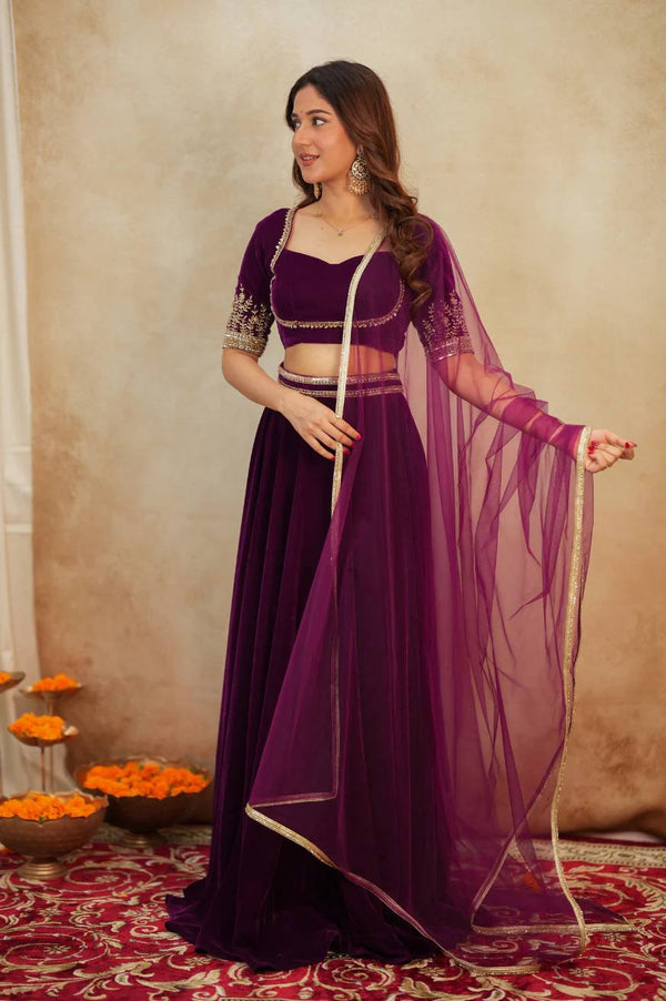 Wine Velvet Lehenga Choli Set