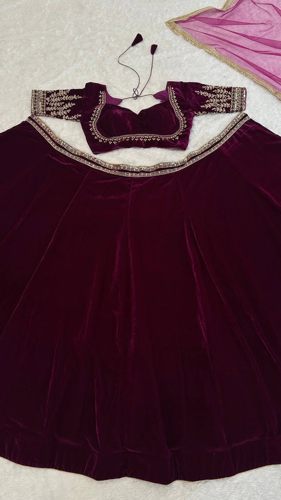 Wine Velvet Lehenga Choli Set