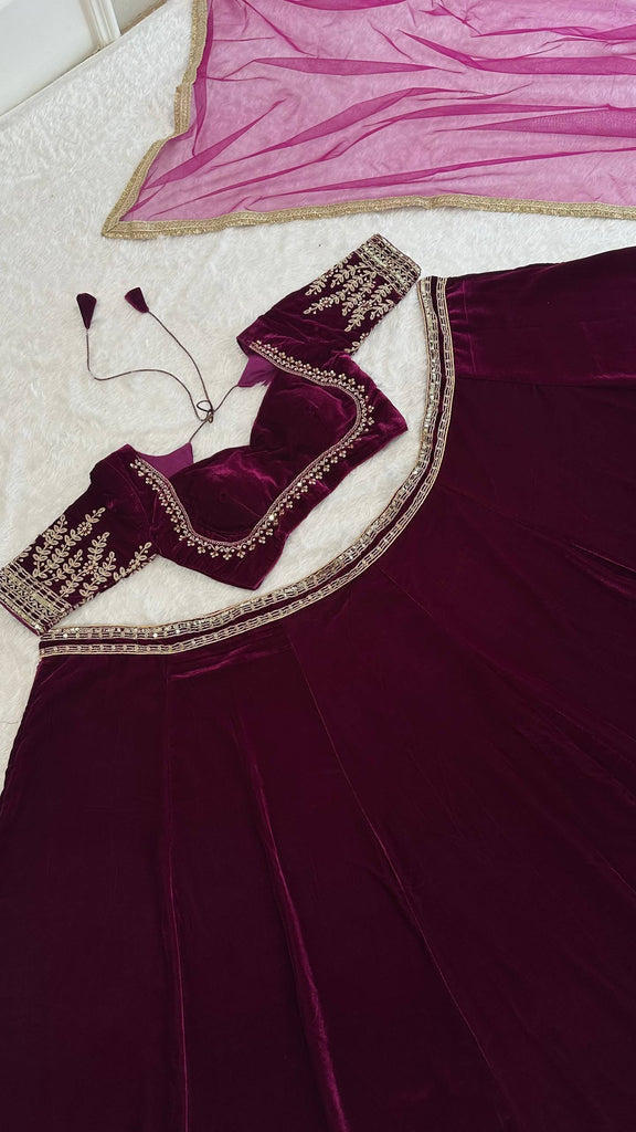 Wine Velvet Lehenga Choli Set