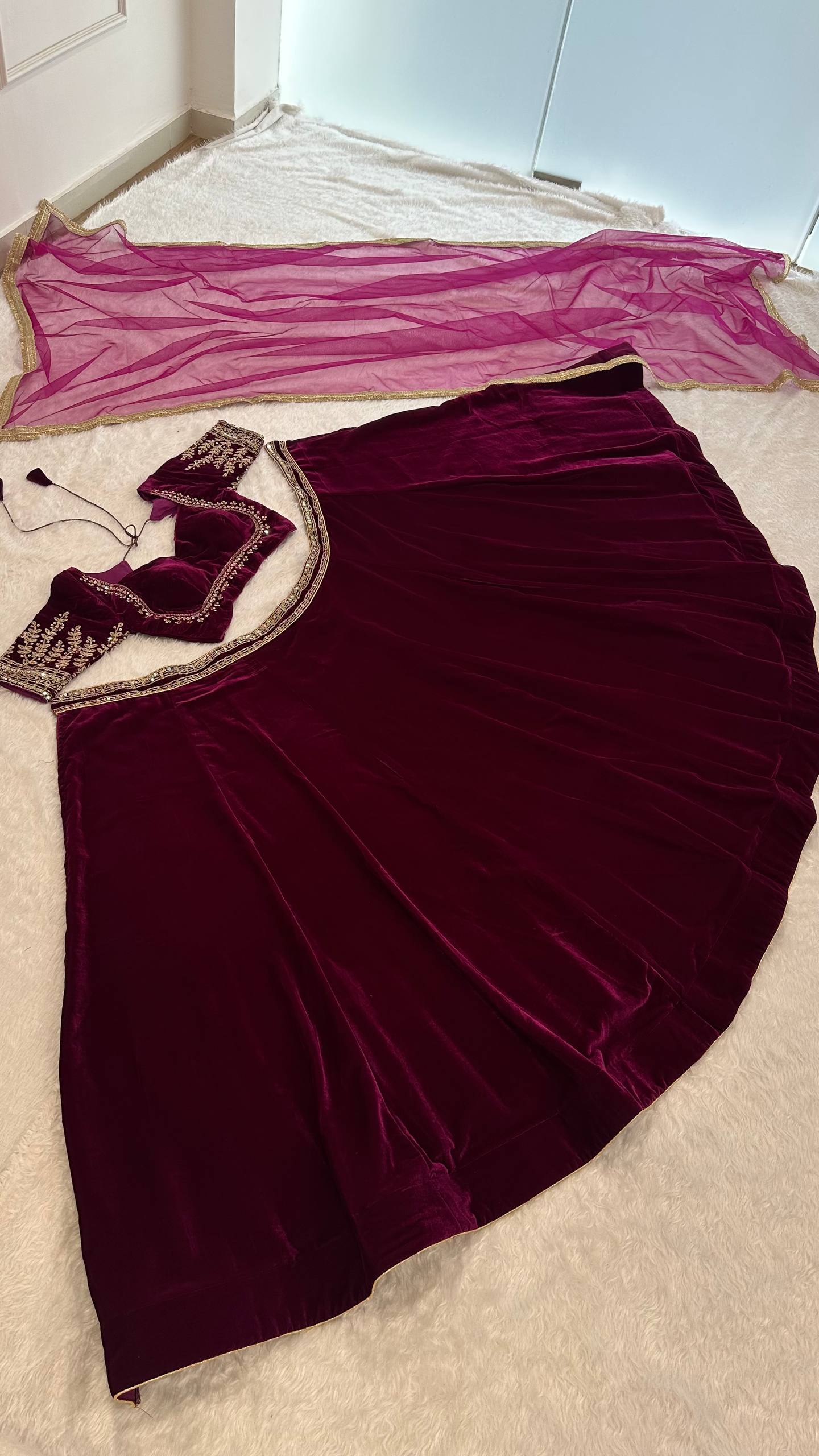 Wine Velvet Lehenga Choli Set