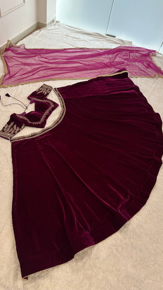 Wine Velvet Lehenga Choli Set