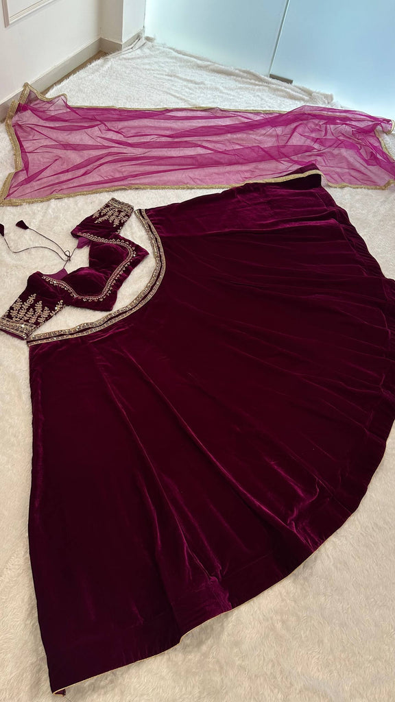 Wine Velvet Lehenga Choli Set