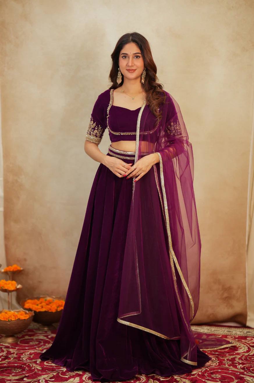 Wine Velvet Lehenga Choli Set Main image