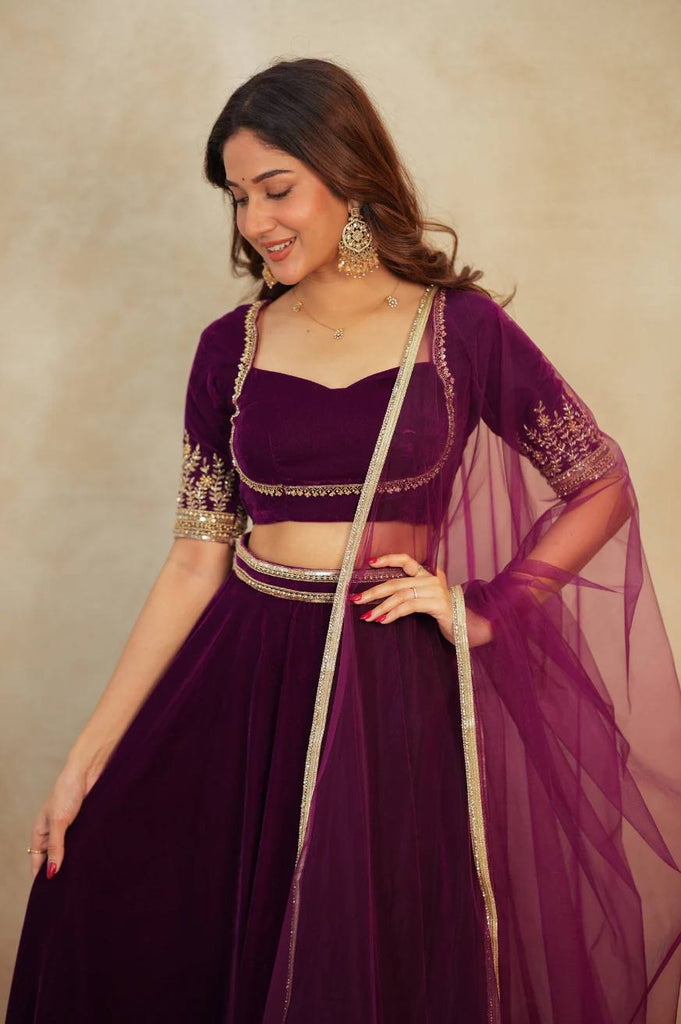 Wine Velvet Lehenga Choli Set