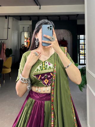 Wine Vibrant Printed Silk Lehenga with Gamthi & Mirror Work ClothsVilla
