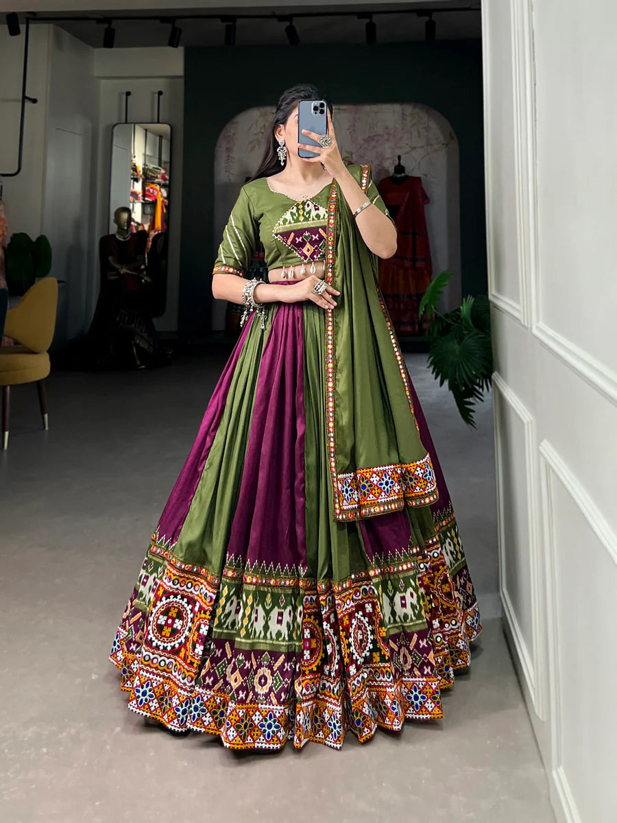 Wine Vibrant Printed Silk Lehenga with Gamthi & Mirror Work ClothsVilla