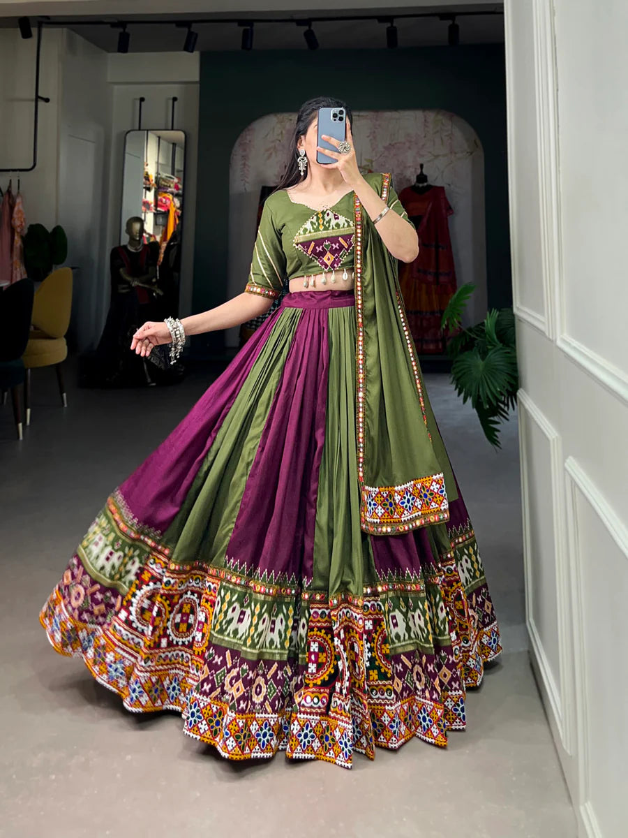 Wine Vibrant Printed Silk Lehenga with Gamthi & Mirror Work ClothsVilla