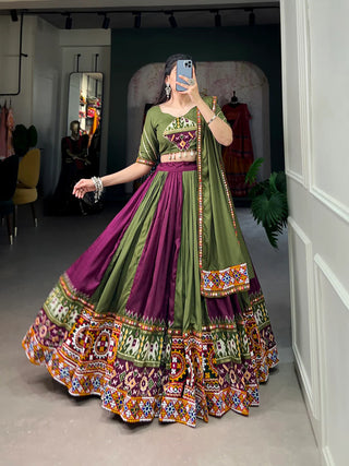 Wine Vibrant Printed Silk Lehenga with Gamthi & Mirror Work ClothsVilla