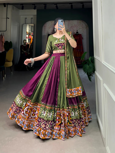 Wine Vibrant Printed Silk Lehenga with Gamthi & Mirror Work ClothsVilla