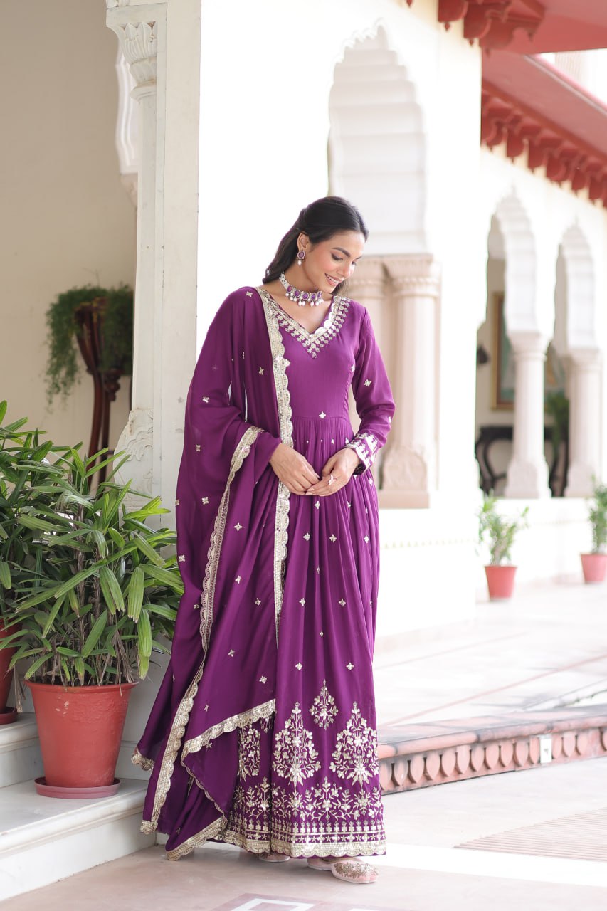 Wine Vichitra Silk Sequins Embroidered Anarkali Gown with Fancy V-Neck & Designer Dupatta – Fully Stitched Party & Festive Wear ClothsVilla
